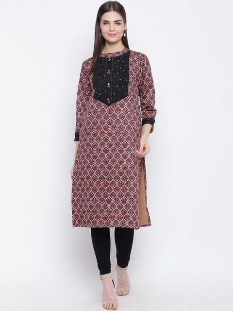 

FABNEST Women Red & Black Printed Straight Kurta