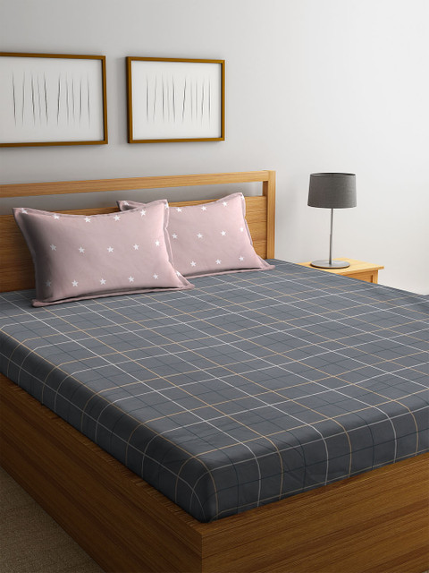 

DREAM WEAVERZ Charcoal Grey Checked 300 TC Cotton 1 King Bedsheet with 2 Pillow Covers