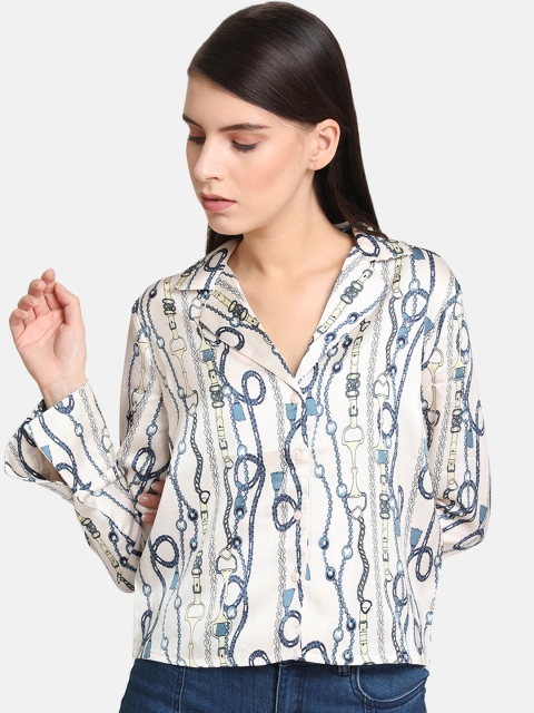 

Kazo Women Cream-Coloured & Blue Regular Fit Printed Casual Shirt