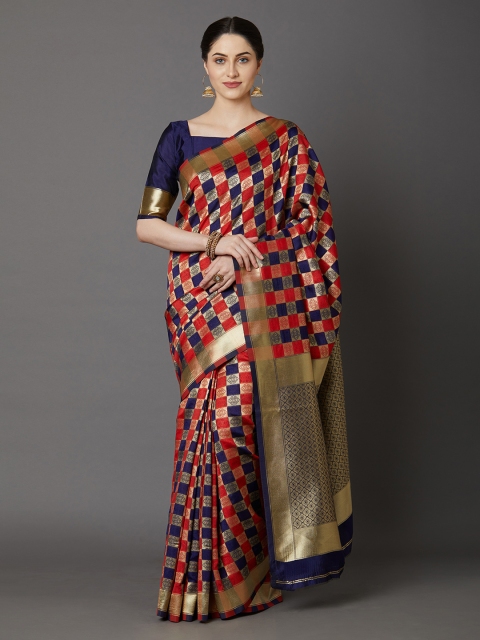 

Mitera Red & Navy Blue Checked Banarasi Saree