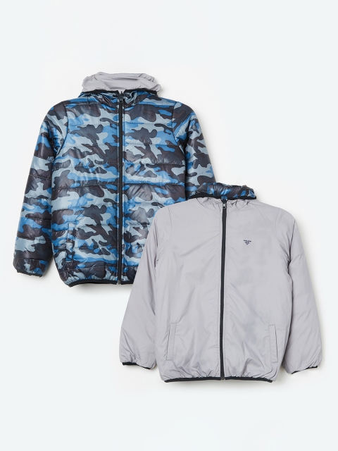 

Fame Forever by Lifestyle Boys Blue & Grey Camo Print Reversible Hooded Puffer Jacket