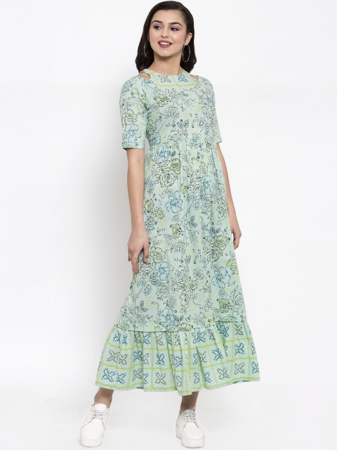 

Indibelle Women Sea Green Floral Printed Fit and Flare Dress