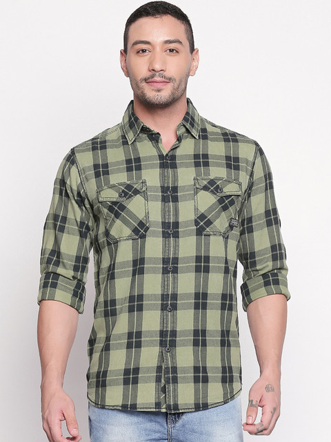 

Mufti Men Olive Green & Grey Slim Fit Checked Casual Shirt