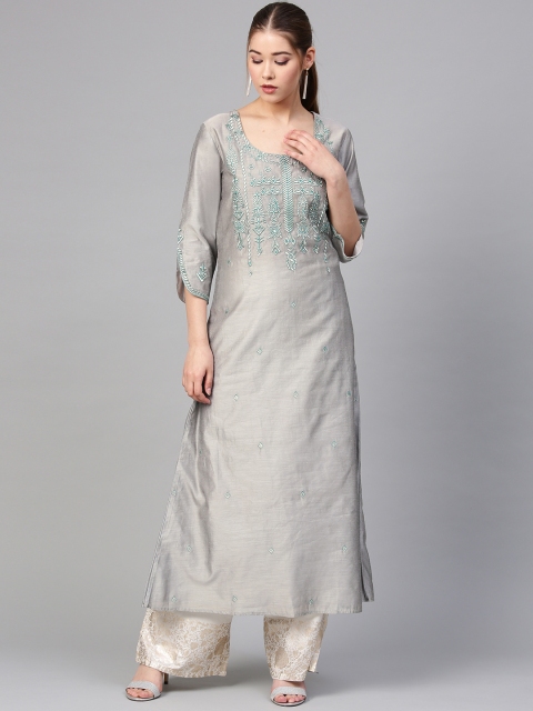 

Varanga Women Grey Embroidered A-Line Kurta