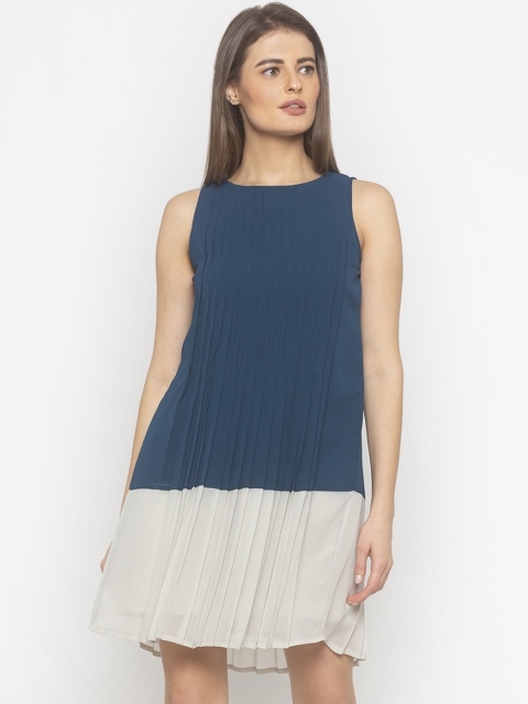 

Iti Women Teal Blue & Off-White Accordian Pleated Colourblocked A-Line Dress