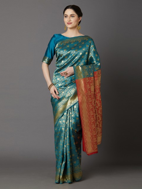 

Mitera Teal Blue & Golden Woven Design Banarasi Saree