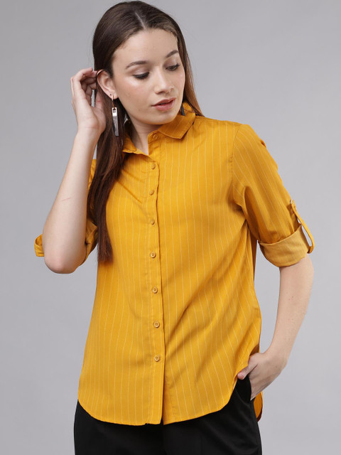 

Tokyo Talkies Women Mustard Yellow Regular Fit Striped Casual Shirt