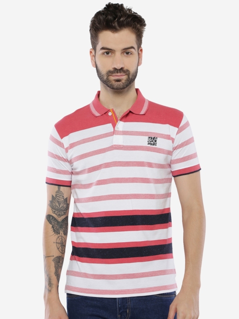 

Duke Men Pink & White Striped Polo Collar T-shirt
