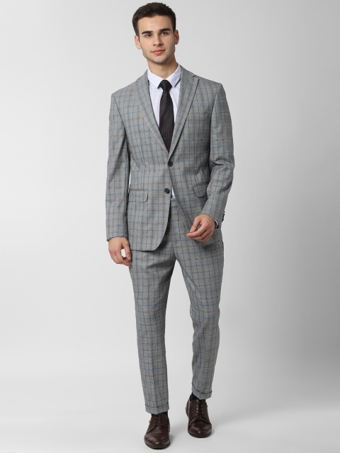 

Peter England Men Grey Checked Single-Breasted Formal Suit With Blue Trousers