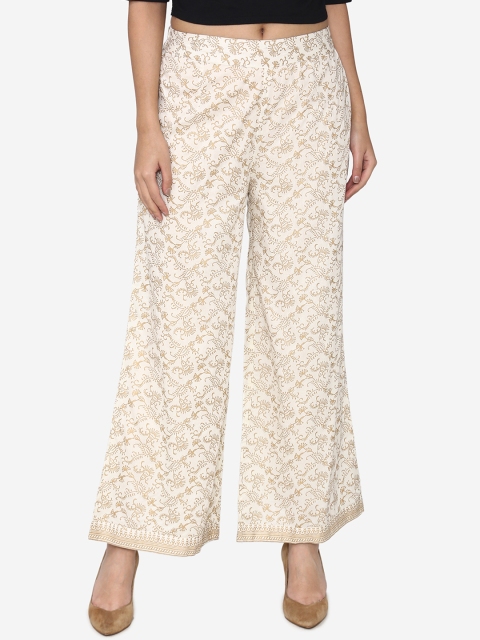 

Laabha Women Cream-Coloured & Gold-Coloured Printed Flared Palazzos