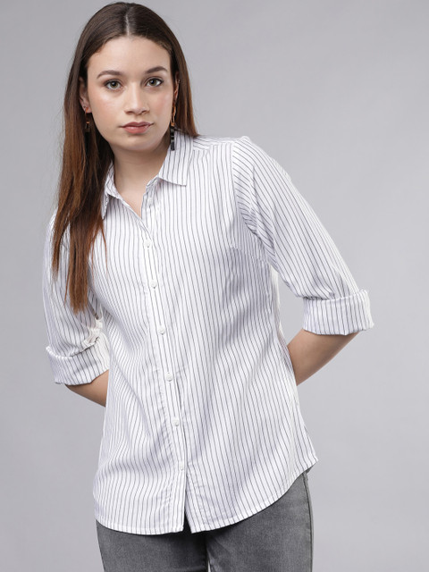 

Tokyo Talkies Women White & Grey Regular Fit Striped Casual Shirt