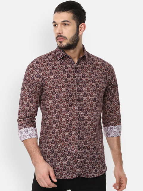 

V Dot Men Maroon & Beige Slim Fit Printed Cotton Linen Casual Shirt