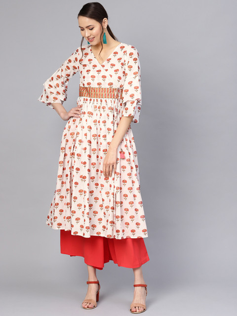 

Varanga Women White & Orange Floral Printed A-Line Kurta