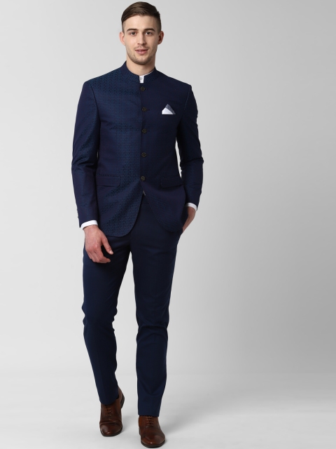 

Peter England Men Navy Blue Self-Design Bandhgala Formal Suit