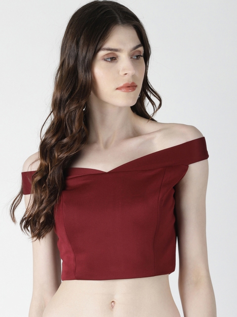 

AARA Women Maroon Solid Crop Bardot Top