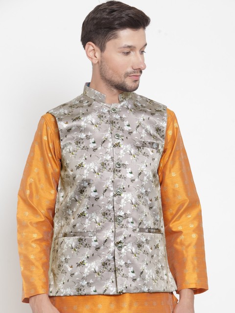 

KLOTTHE Men Grey & White Printed Satin Nehru Jacket