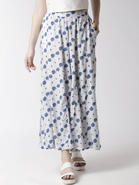 

De Moza Women White & Blue Printed Wide Leg Palazzos