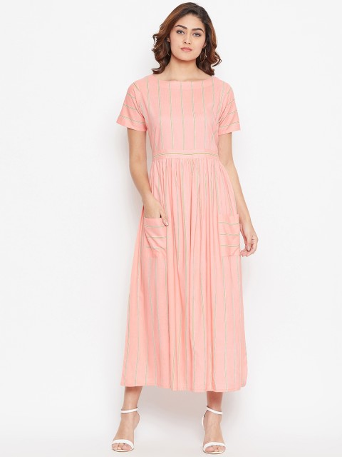 

Bitterlime Women Pink & Yellow Striped Fit and Flare Dress