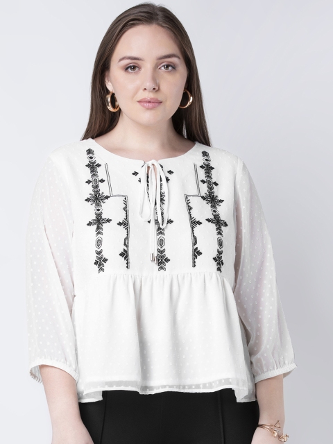 

FabAlley Curve Plus Size Women White Black Embroidered Peplum Top