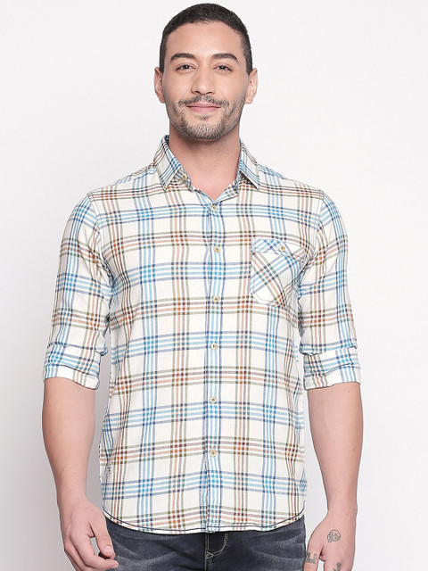 

Mufti Men Off-White & Blue Slim Fit Checked Casual Shirt