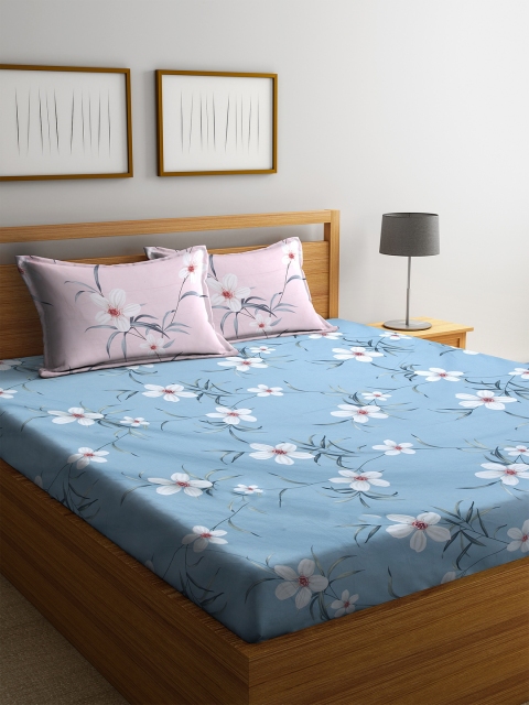 

DREAM WEAVERZ Blue & White Floral 300 TC Cotton 1 King Bedsheet with 2 Pillow Covers