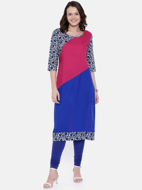 

Rasada Women Pink & Blue Colourblocked Straight Kurta
