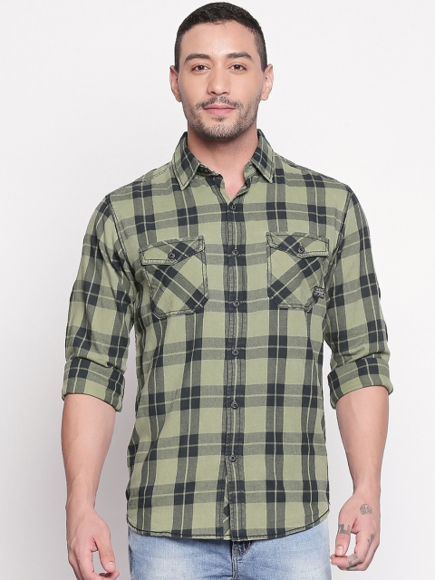 

Mufti Men Olive Green & Grey Slim Fit Checked Casual Shirt