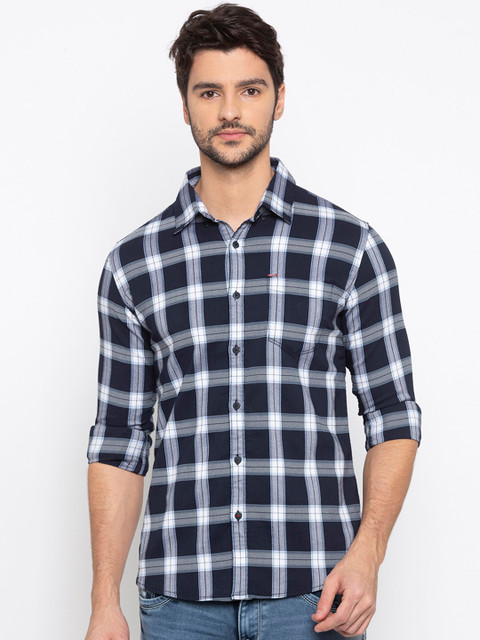 

SPYKAR Men Blue Slim Fit Checked Casual Shirt, Navy blue