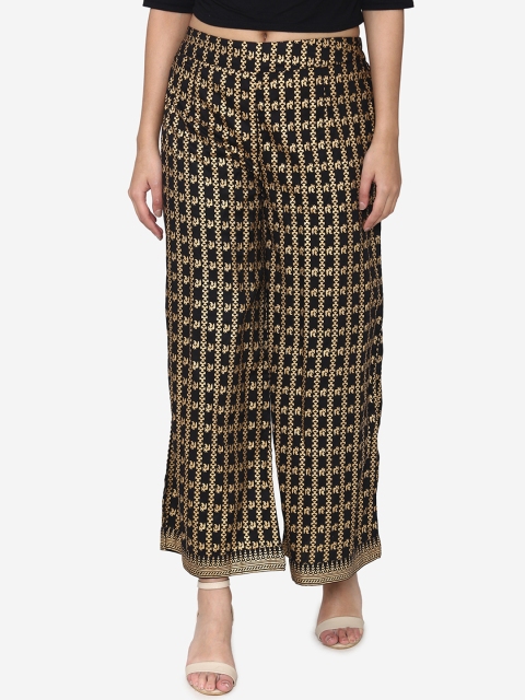 

Laabha Women Black & Gold-Coloured Printed Flared Palazzos
