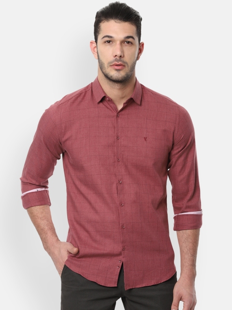 

V Dot Men Coral Red & Black Slim Fit Checked Casual Shirt