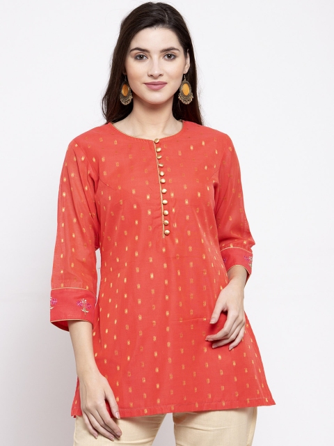 

Bhama Couture Women Orange & Golden Woven Design Tunic