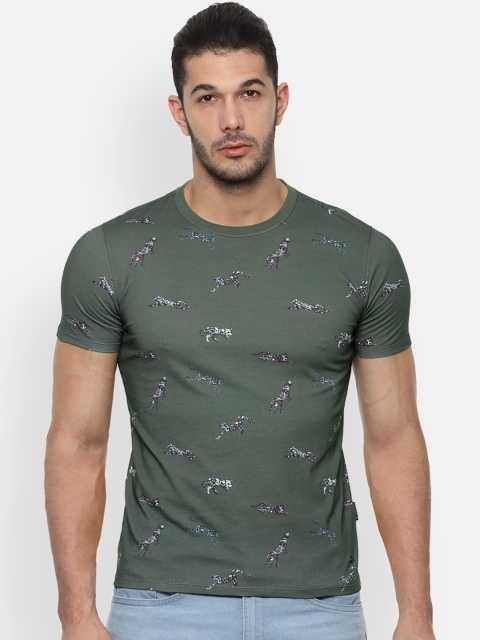 V Dot Men Olive Green Grey Printed Slim Fit Round Neck Pure Cotton T-shirt