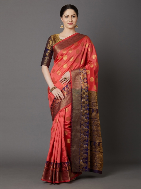 

Mitera Coral Orange & Golden Woven Design Banarasi Saree