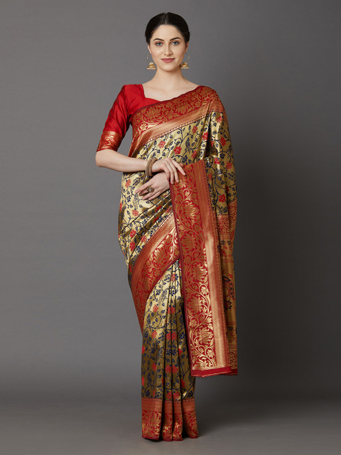 

Mitera Golden & Navy Blue Woven Design Banarasi Saree, Gold