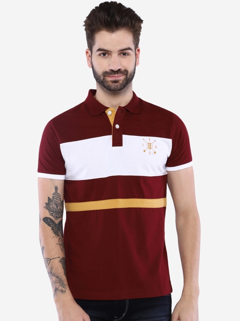 

Duke Men Maroon & White Colourblocked Polo Collar T-shirt