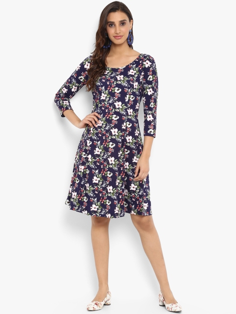 FOSH Women Navy Blue & White Printed A-Line Dress