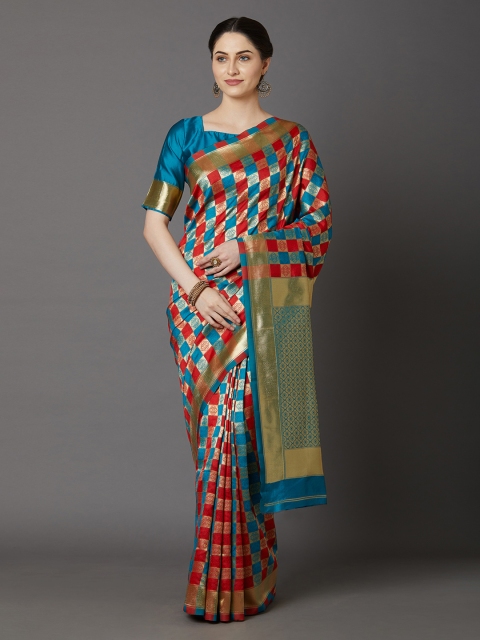 

Mitera Blue & Red Checked Banarasi Saree