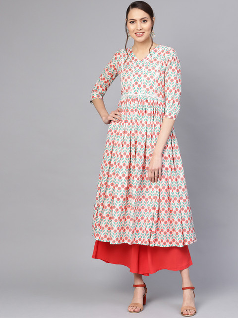 

Varanga Women White & Green Printed A-Line Kurta