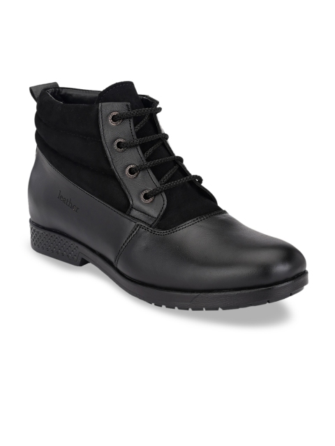 

John Karsun Men Black Solid Leather Mid-Top Flat Boots