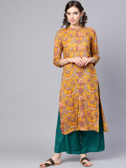 

Varanga Women Mustard & Pink Printed Straight Kurta