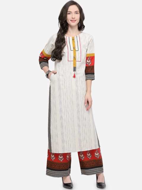 

Stylee LIFESTYLE Women Off-White & Orange Printed Straight Kurta