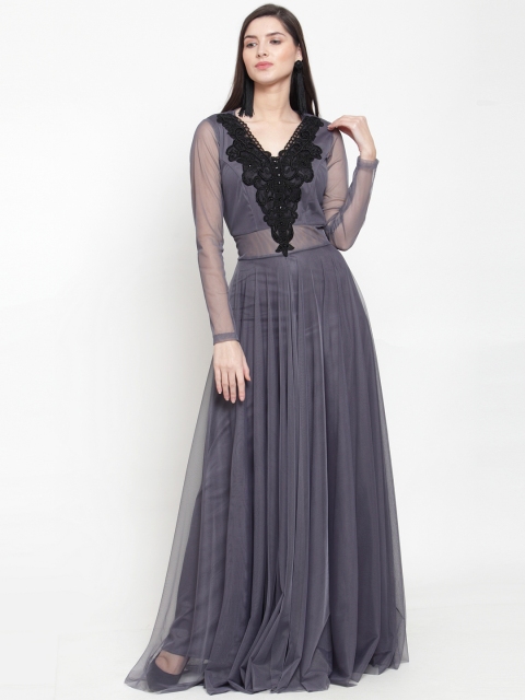 

Just Wow Women Grey Solid Net Maxi Dress