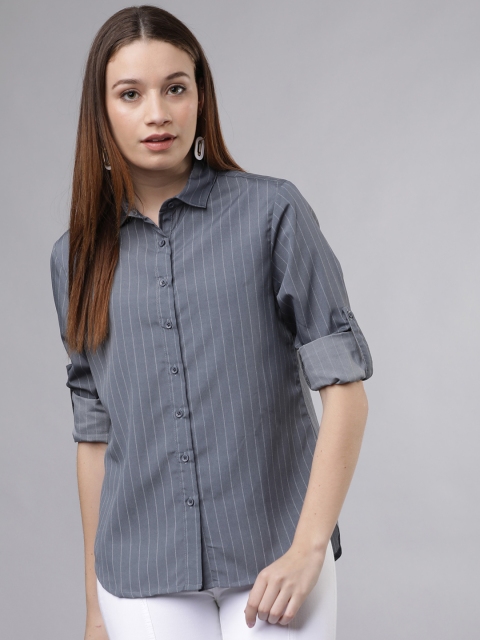 

Tokyo Talkies Women Grey & White Regular Fit Striped Casual Shirt