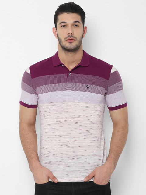 

Allen Solly Men Magenta & Off-White Striped Polo Collar T-shirt