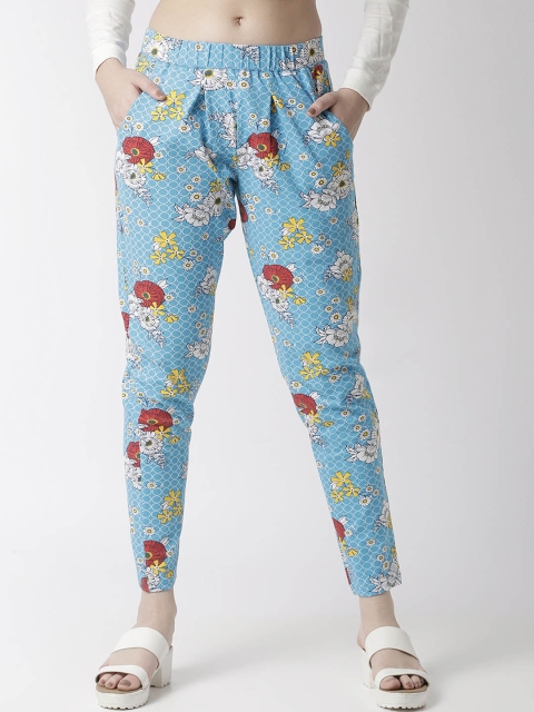 

De Moza Women Blue & White Tapered Fit Printed Peg Trousers