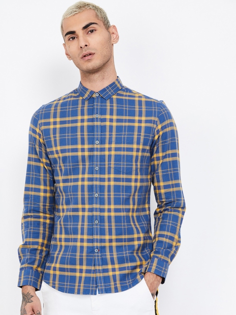 

Fame Forever by Lifestyle Men Blue & Yellow Slim Fit Checked Casual Shirt