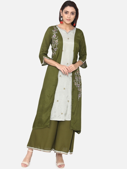 

Laabha Women Olive Green & White Embroidered Kurti with Palazzos
