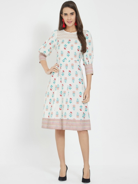 

Fusion Beats Women Off-White And Blue Printed Fit and Flare Dress