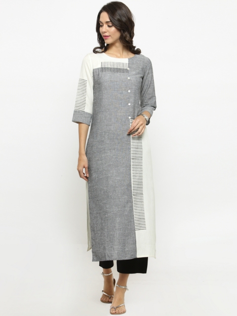 

Varanga Women Grey & White Colourblocked Straight Kurta