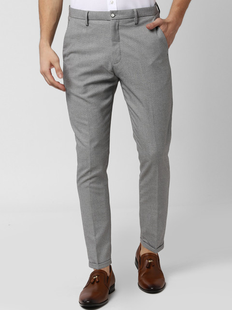 

Peter England Men Grey Tapered Fit Self Design Regular Trousers
